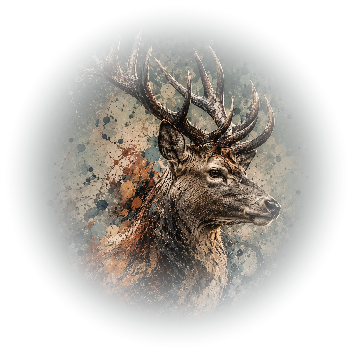Ink and watercolour style painting of a red deer stag with full antlers