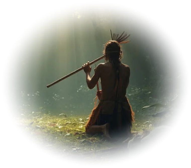 Figure kneeling in a forest, playing a flute in a shaft of light